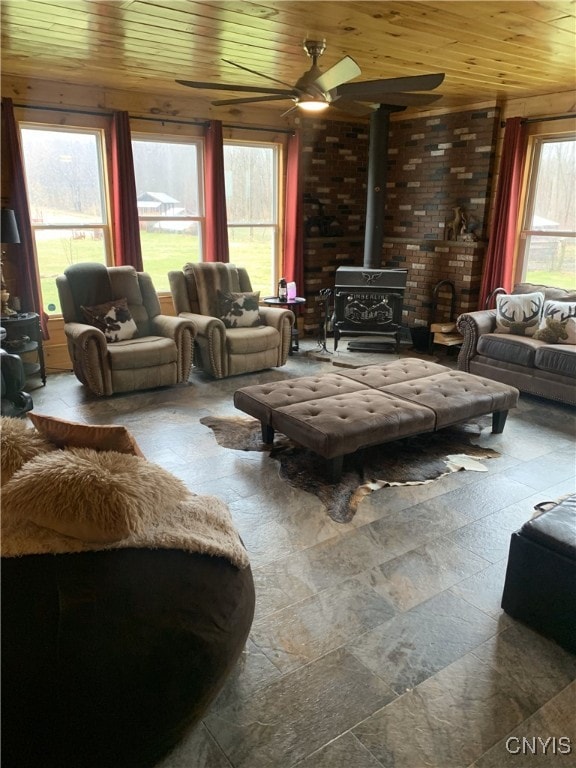 376 State Route 34, Hannibal, NY 13074 - living area with a ceiling fan, a wood stove, and wood ceiling