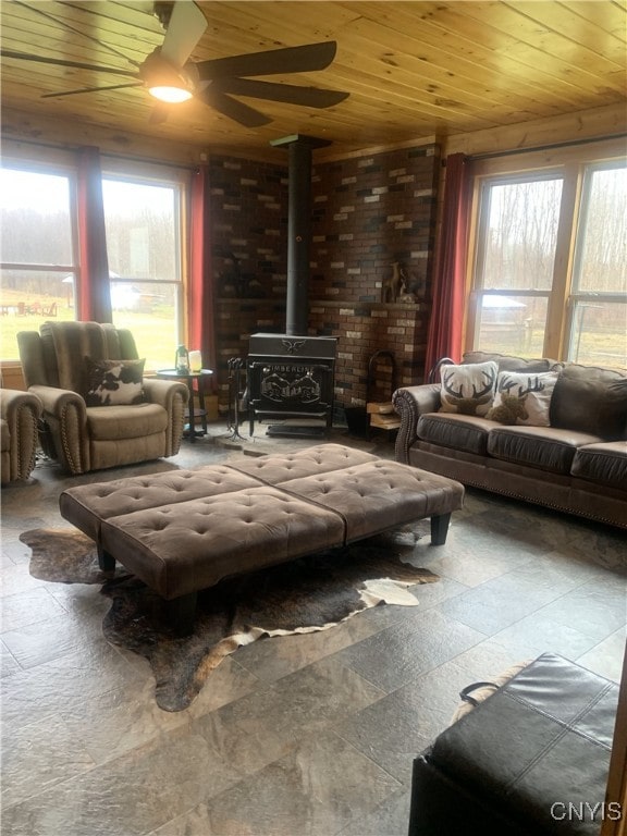 376 State Route 34, Hannibal, NY 13074 - living room with a ceiling fan, wood ceiling, plenty of natural light, and a wood stove