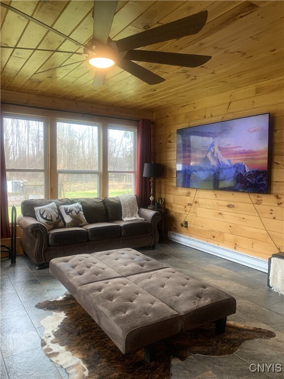 376 State Route 34, Hannibal, NY 13074 - living room with ceiling fan, wooden ceiling, wood walls, and a baseboard heating unit