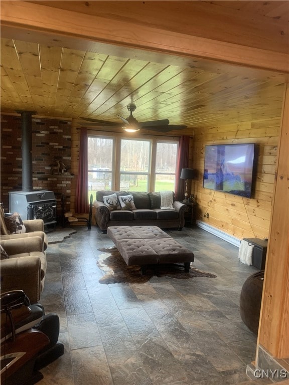 376 State Route 34, Hannibal, NY 13074 - living area featuring wooden walls, wood ceiling, and a wood stove