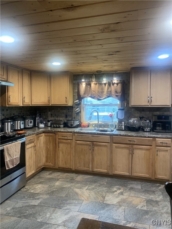 376 State Route 34, Hannibal, NY 13074 - kitchen with decorative backsplash, stainless steel range with electric cooktop, under cabinet range hood, a sink, and wooden ceiling