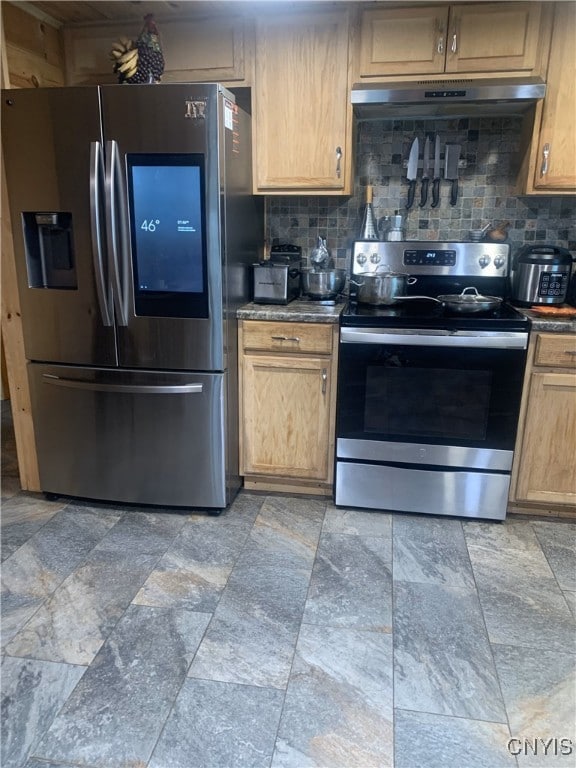 376 State Route 34, Hannibal, NY 13074 - kitchen featuring dark countertops, under cabinet range hood, appliances with stainless steel finishes, and decorative backsplash