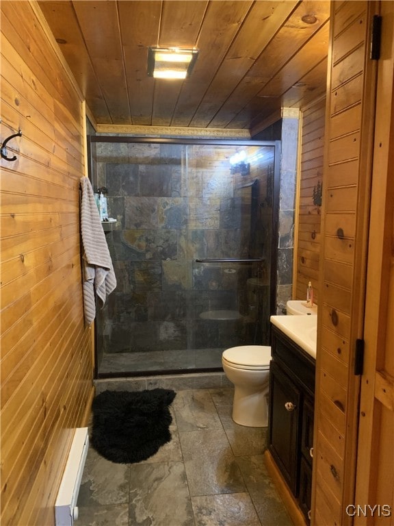 376 State Route 34, Hannibal, NY 13074 - full bathroom featuring wood walls, toilet, wood ceiling, and a shower stall