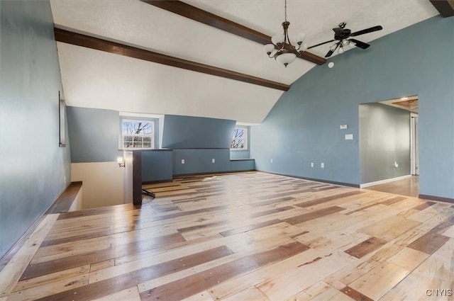 unfurnished living room with ceiling fan with notable chandelier, high vaulted ceiling, beam ceiling, and wood-type flooring