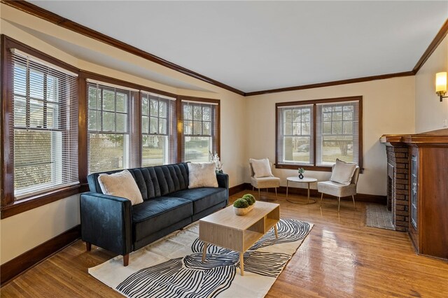 living area with baseboards, crown molding, wood finished floors, and a healthy amount of sunlight