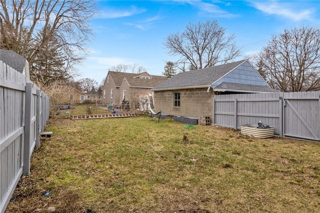 view of yard featuring a fenced backyard and a gate