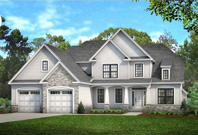 670 Steege Hill Rd, Big Flats, NY 14814 - view of front of house featuring stone siding, concrete driveway, a front lawn, a shingled roof, and a garage