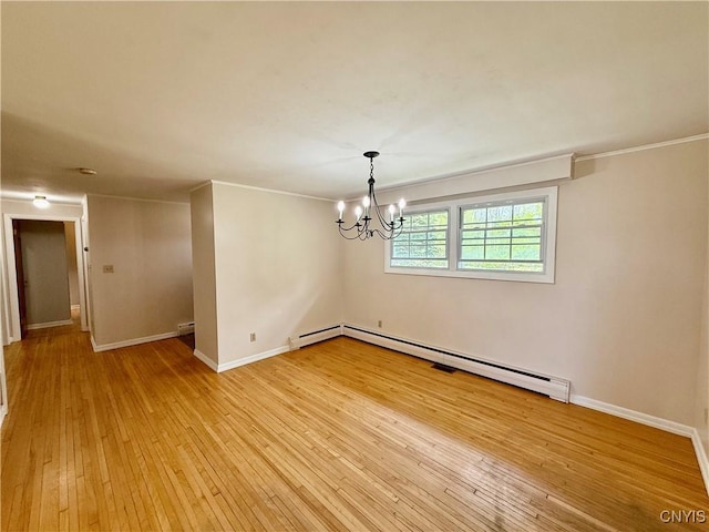 4062 Port St, Richland, NY 13142 - spare room featuring light wood-style flooring, a chandelier, baseboards, and a baseboard radiator