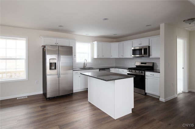 kitchen featuring stainless steel appliances, a sink, dark countertops, visible vents, and white cabinetry