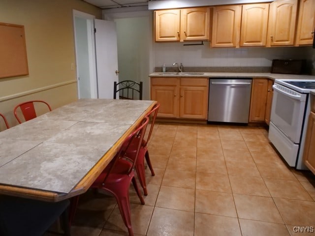 36 Lincoln Ave, Cortland, NY 13045 - kitchen featuring white electric range oven, light brown cabinets, a sink, stainless steel dishwasher, and light tile patterned floors