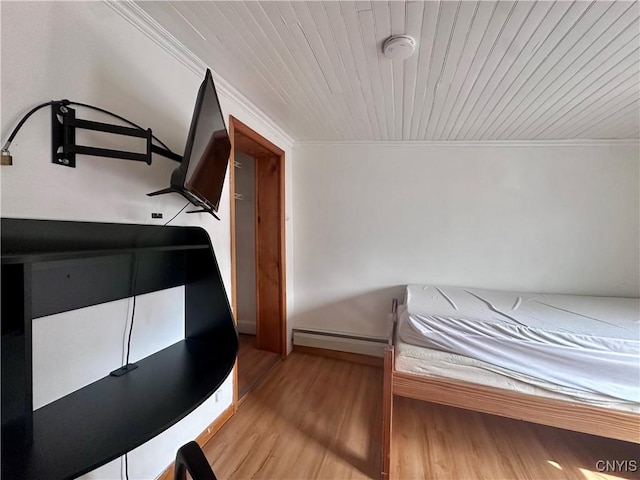 36 Lincoln Ave, Cortland, NY 13045 - bedroom with a baseboard radiator, wooden ceiling, ornamental molding, and light wood-style floors