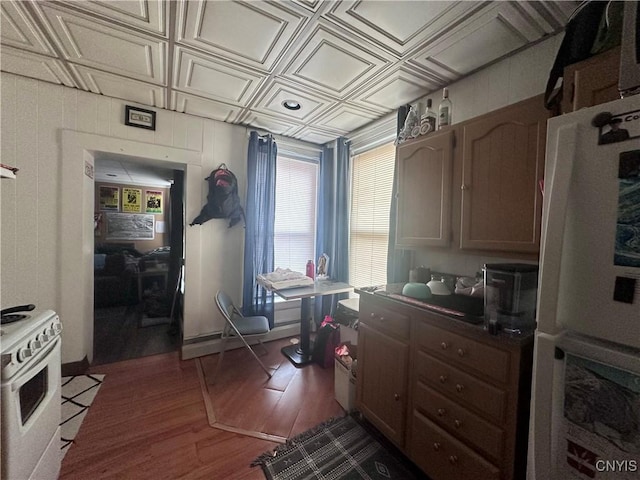 36 Lincoln Ave, Cortland, NY 13045 - kitchen featuring white range with electric stovetop, an ornate ceiling, and wood finished floors