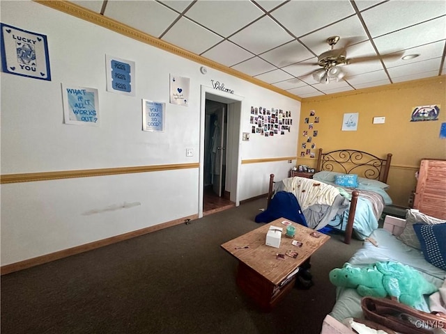 36 Lincoln Ave, Cortland, NY 13045 - carpeted bedroom with a drop ceiling, a ceiling fan, ornamental molding, and baseboards