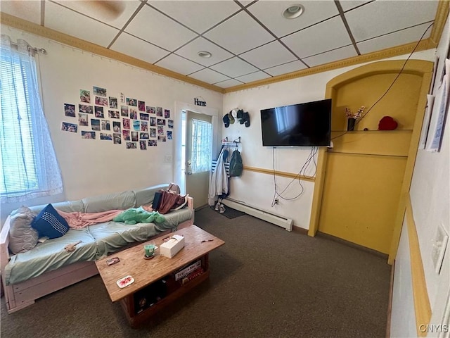 36 Lincoln Ave, Cortland, NY 13045 - living room featuring a paneled ceiling, baseboard heating, and dark colored carpet