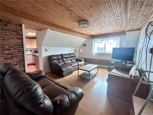 36 Lincoln Ave, Cortland, NY 13045 - living room with wood-type flooring, wood ceiling, brick wall, and vaulted ceiling