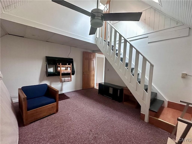 36 Lincoln Ave, Cortland, NY 13045 - staircase with baseboards, carpet floors, high vaulted ceiling, and a ceiling fan