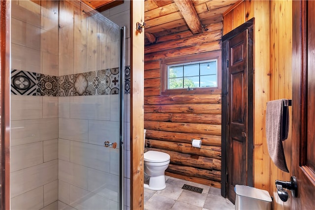 38 Woodchuck Rd, Roxbury, NY 12474 - full bath featuring log walls, toilet, beam ceiling, a stall shower, and wooden ceiling