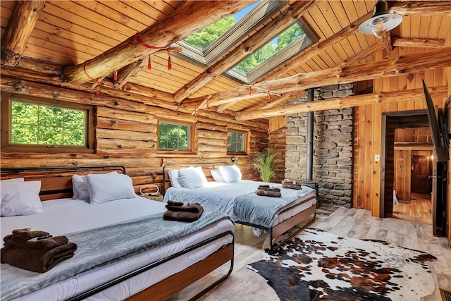 38 Woodchuck Rd, Roxbury, NY 12474 - bedroom featuring beam ceiling, wood finished floors, a skylight, and wood ceiling
