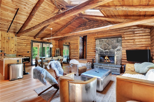 38 Woodchuck Rd, Roxbury, NY 12474 - living area featuring wooden ceiling, high vaulted ceiling, beam ceiling, light wood-style floors, and a fireplace