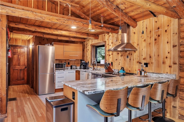 38 Woodchuck Rd, Roxbury, NY 12474 - kitchen with wood ceiling, a peninsula, stainless steel appliances, and wood walls