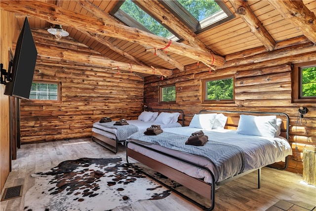38 Woodchuck Rd, Roxbury, NY 12474 - bedroom with wood-type flooring, a skylight, beam ceiling, and visible vents