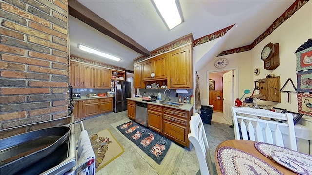 500 Farnham Rd, Sanford, NY 13865 - kitchen featuring light countertops, a sink, open shelves, freestanding refrigerator, and dishwasher