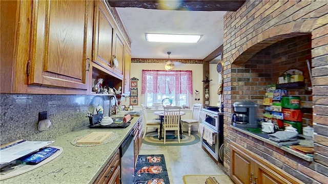 500 Farnham Rd, Sanford, NY 13865 - kitchen with a wood stove, decorative backsplash, dishwasher, light stone countertops, and brown cabinets