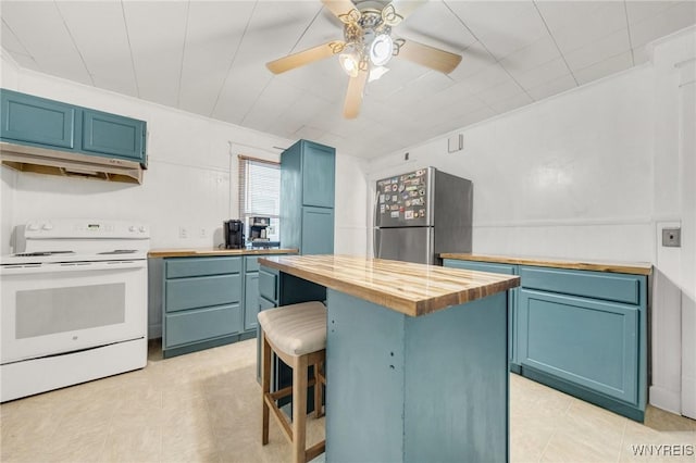 2486 Willow Ave, Niagara Falls, NY 14305 - kitchen featuring white range with electric cooktop, blue cabinetry, and freestanding refrigerator
