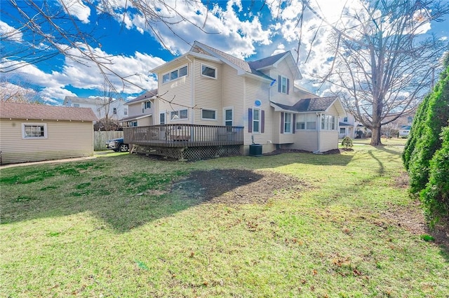 120 Westmont Ave, Elmira, NY 14905 - rear view of house with central AC, a yard, and a wooden deck
