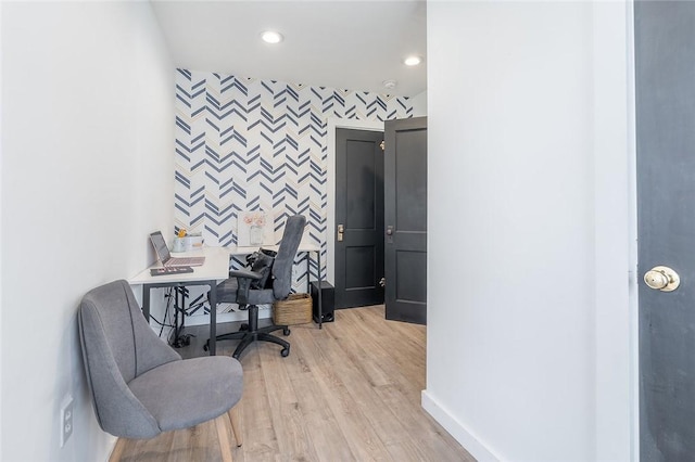120 Westmont Ave, Elmira, NY 14905 - office featuring recessed lighting, light wood-style floors, baseboards, an accent wall, and wallpapered walls