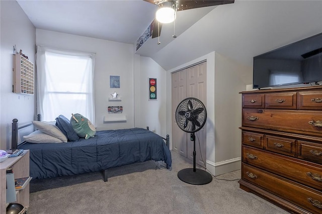 120 Westmont Ave, Elmira, NY 14905 - bedroom with a closet, ceiling fan, light carpet, baseboards, and lofted ceiling