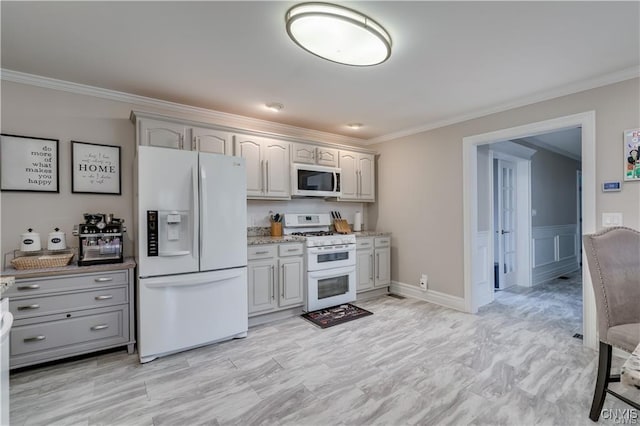 22036 Riverbend Dr W, Le Ray, NY 13601 - kitchen with white appliances, gray cabinets, crown molding, and light stone counters