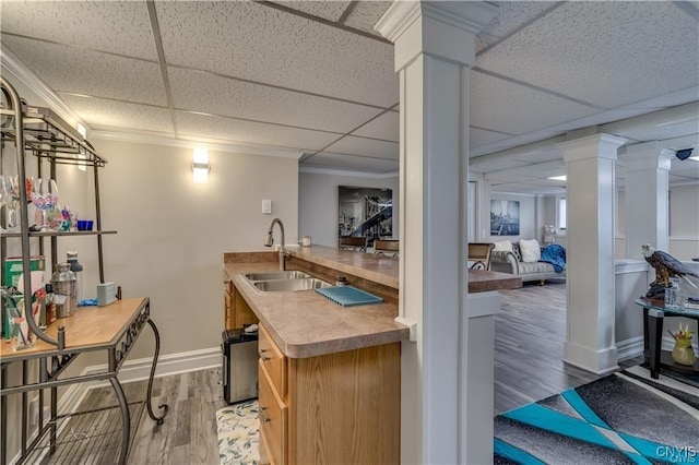 22036 Riverbend Dr W, Le Ray, NY 13601 - bar featuring light wood finished floors, ornate columns, baseboards, a sink, and a paneled ceiling