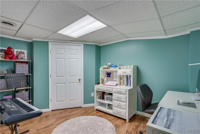 22036 Riverbend Dr W, Le Ray, NY 13601 - home office featuring a paneled ceiling, baseboards, light wood-style floors, and visible vents