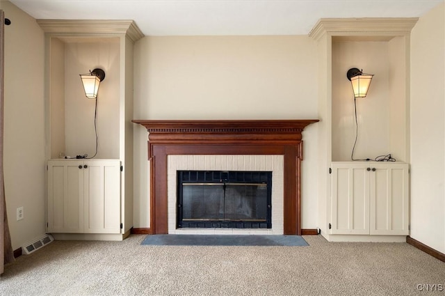 details with carpet, baseboards, a fireplace, and visible vents