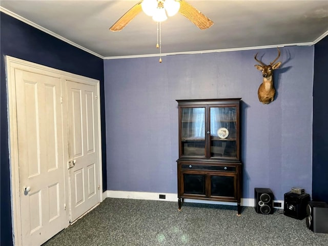 810 River Rd, Sanford, NY 13754 - bedroom featuring carpet, crown molding, and a ceiling fan