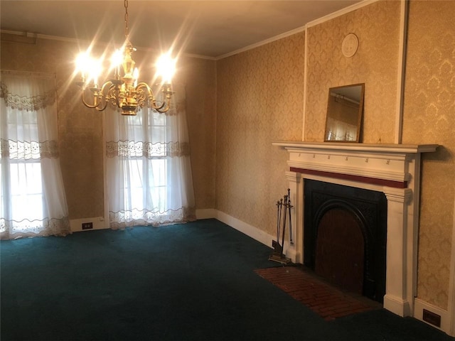 810 River Rd, Sanford, NY 13754 - unfurnished living room featuring a chandelier, dark colored carpet, wallpapered walls, ornamental molding, and a fireplace with flush hearth