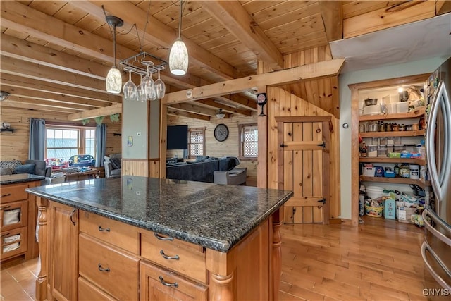 kitchen with wooden ceiling, wood walls, beam ceiling, and open floor plan