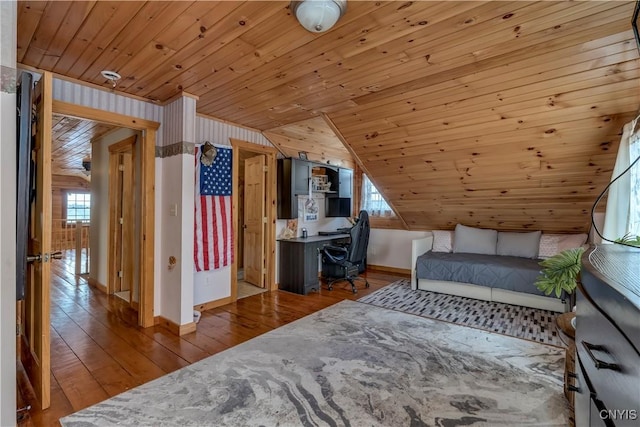 bedroom featuring multiple windows, lofted ceiling, wooden ceiling, and wood-type flooring