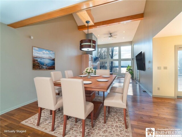 5464 Crestwood Rd, Ellery, NY 14712 - dining space featuring baseboards, lofted ceiling with beams, wood finished floors, and a ceiling fan