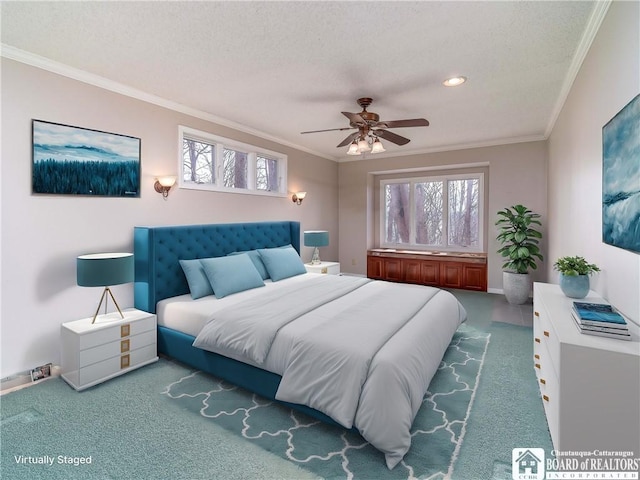 5464 Crestwood Rd, Ellery, NY 14712 - carpeted bedroom featuring a textured ceiling, ornamental molding, multiple windows, and a ceiling fan