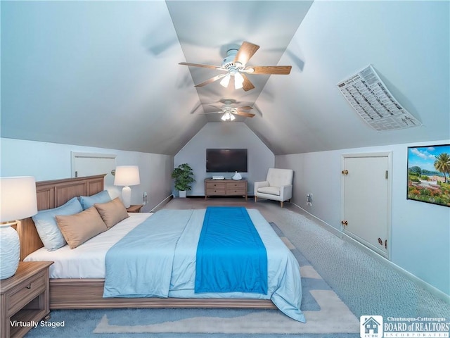 5464 Crestwood Rd, Ellery, NY 14712 - carpeted bedroom featuring baseboards, vaulted ceiling, and ceiling fan