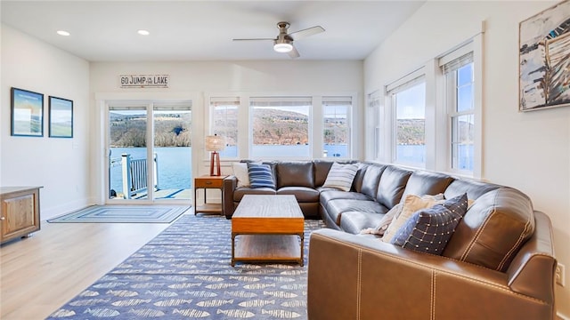 5170 Sunnyside Rd, Italy, NY 14507 - living room with a ceiling fan, recessed lighting, baseboards, and light wood-type flooring