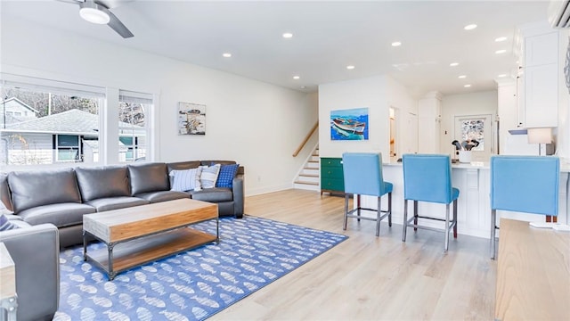 5170 Sunnyside Rd, Italy, NY 14507 - living area with stairs, recessed lighting, light wood-type flooring, baseboards, and a ceiling fan