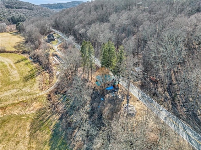 aerial view of property and surrounding area featuring a forest and mountains