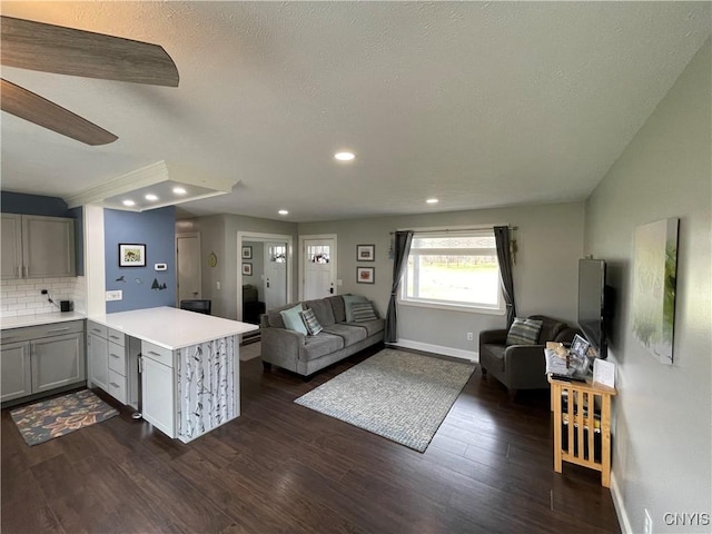 34 Salmon Meadow Ln, Richland, NY 13142 - living area with dark wood-style flooring, recessed lighting, baseboards, ceiling fan, and a textured ceiling