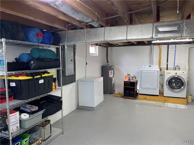 34 Salmon Meadow Ln, Richland, NY 13142 - below grade area featuring water heater, refrigerator, washer and clothes dryer, electric panel, and concrete block wall