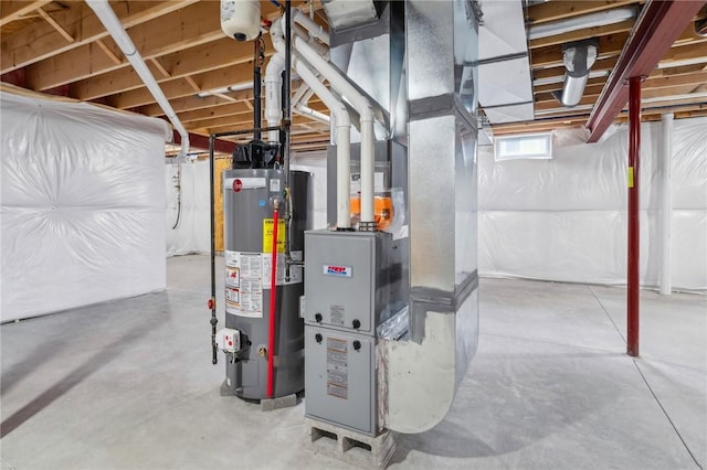 basement featuring heating unit and gas water heater