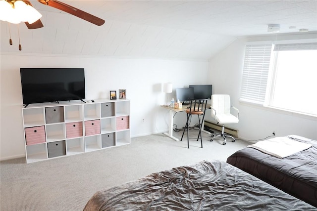 carpeted bedroom featuring a baseboard heating unit, a ceiling fan, and vaulted ceiling