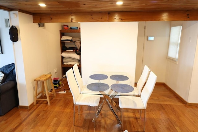 dining area with visible vents, baseboards, wood ceiling, recessed lighting, and light wood-style flooring